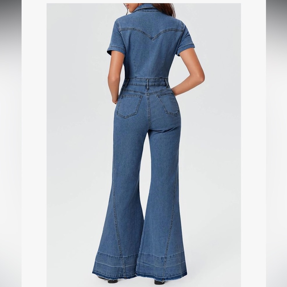 Vintage blue denim jumpsuit romper outfit jeans jumper bell bottoms western sexy - Picture 2 of 2